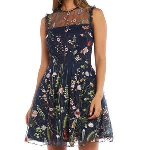 Navy blue embroidered fit and flare dress